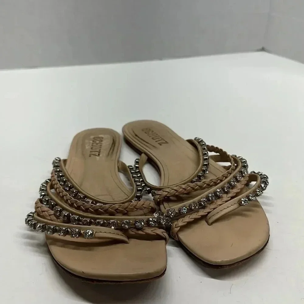 Schutz Sandals Slides Flats Jeweled Embellished Braided Leather Tan Brown Size 6